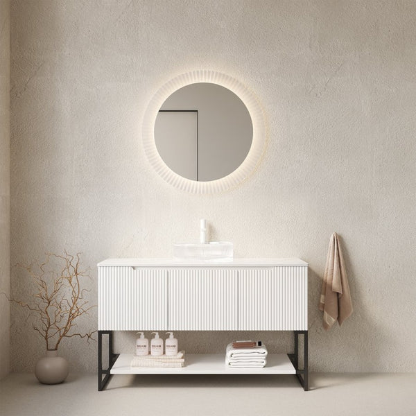 English Elm 48" Freestanding Bathroom Vanity Cabinet Sintered Stone Top Woodgrain Finish Open Shelf W2615S00665