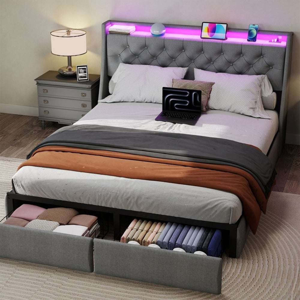 English Elm Full Linen Upholstered Bed with Led Headboard Storage Shelf and Usb Charging Port T3963P447144