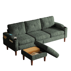 English Elm Convertible Modular 3-Seater Sofa with Removable Ottomans, Dual Side Storage and Versatile Layouts Green W2012P318978
