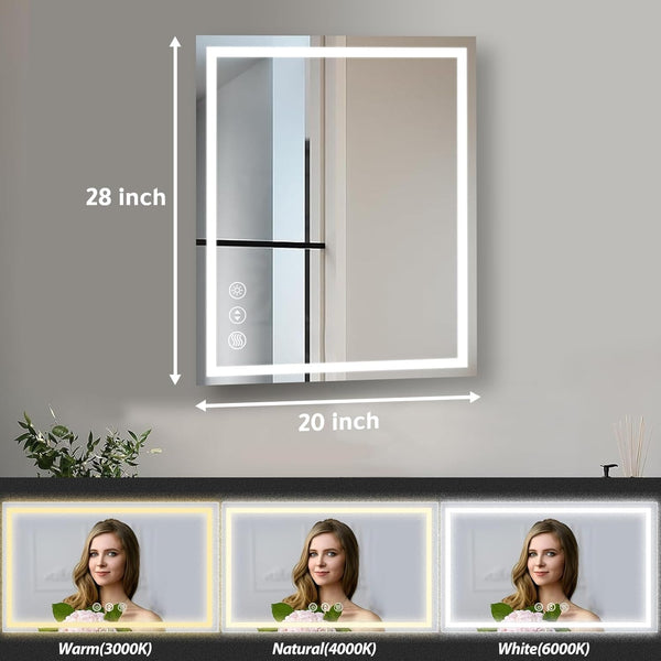 English Elm LED Bathroom Mirror 28x20 in Front & Backlit with Anti-Fog, 3-Color Dimmable Memory, Tempered Glass T3210P374647