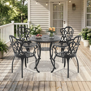 English Elm 5-piece Cast Aluminum Outdoor Dining Set with Ornate Relief Frames and Weather Resistant Cushions W1710S00540