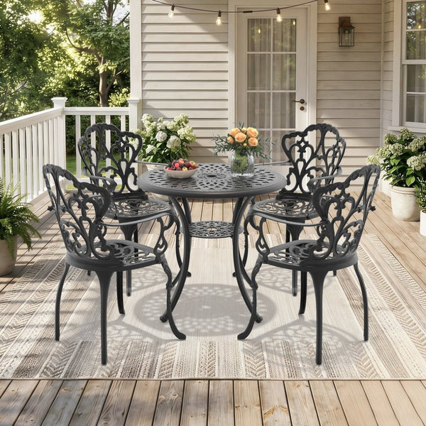 English Elm 5-piece Cast Aluminum Outdoor Dining Set with Ornate Relief Frames and Weather Resistant Cushions W1710S00540