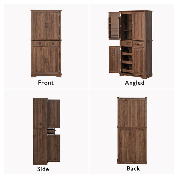 English Elm K&K 71" Tall Farmhouse Pantry Cabinet with Groove Edges, 3 Pull-Out Organizers, 6 Door Shelves Brown N707P256507Z