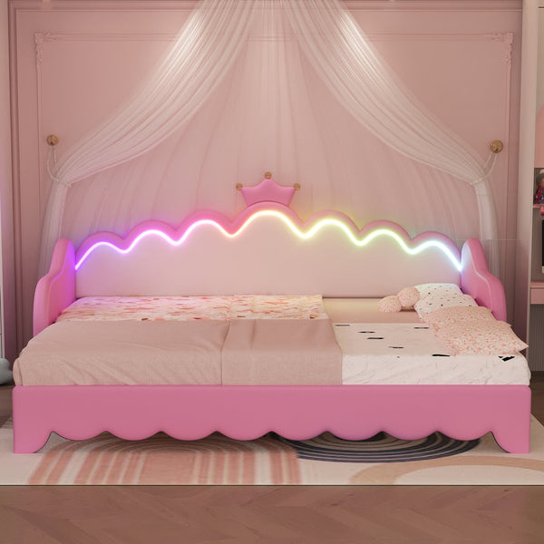 English Elm Twin Extending Daybed with LED Crown Headboard, Upholstered Princess Design for Cozy Kids Room Pink 45 L x 23 W x 7.2 H HL000104AAH