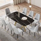 Hearth and Haven Large Modern Minimalist Rectangular Dining Table with 0.39 "Imitation Marble Black Desktop and Gold Metal Legs, Paired with 8 Chairs with Leatherette Cushions and Black Metal Legs.F-1538 C-007 W1151S00874 W1151S00874