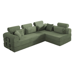 English Elm L Shaped Corduroy Sectional Sofa Converts to Sleeper Bed Space Saving Modular Couch Grayish Green W5532S00006