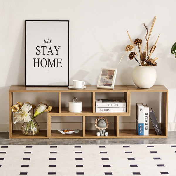 English Elm 2 Pieces Cube TV Stand with Adjustable 55–80" Length, Six Open Shelves, Modern Minimalist Storage and Durable MDF Design Natural Wood W3226P298393