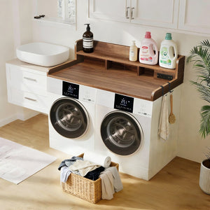 English Elm 2-tier Walnut Laundry Topper with Built-in Power Outlet Folding Surface and Storage W2641P446839