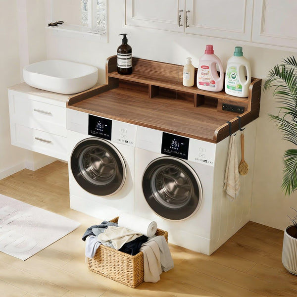 English Elm 2-tier Walnut Laundry Topper with Built-in Power Outlet Folding Surface and Storage W2641P446839