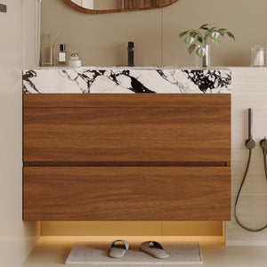 English Elm 29.9" Floating Bathroom Vanity Sintered Stone Top Soft Close Drawers Bronze Gold Hardware W3136S00040