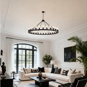 English Elm 64 Inch Wagon Wheel Chandelier Matte Black Farmhouse 30 Light Powder Coated Ring W5008P392688