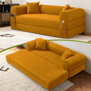 English Elm Convertible Corduroy Sleeper Sofa Queen Fold Out Bed with Dual Storage Pockets Yellow W3396P483182