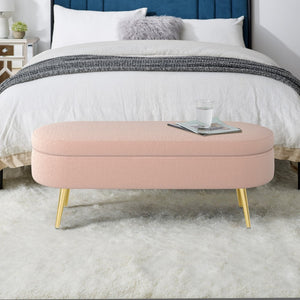 English Elm Ottoman Oval Flannel Storage Bench with Matte Metal Legs for Bedroom or Living Room Pink W487P438632