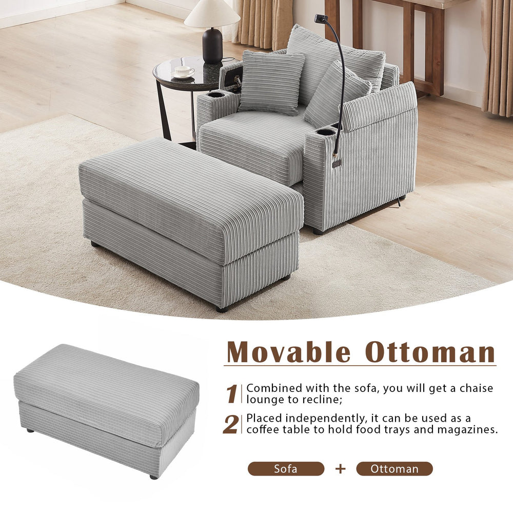 English Elm 41.7" Modern Modular Sofa With Movable Ottoman, Usb Ports, Cup Holders & Hidden Storage In Grey N719S001611E