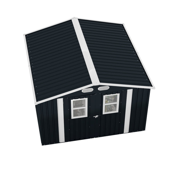 English Elm Outdoor Metal Storage Shed 8x8 Ft with Four Windows and Lockable Double Doors Dark Gray W1598S00041