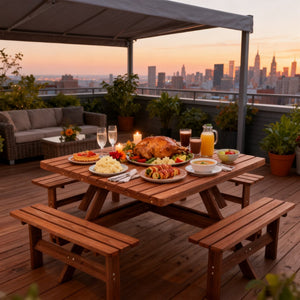 English Elm 8-person Square Wood Picnic Table with Umbrella Hole Reinforced Outdoor Dining Set W1422P392906