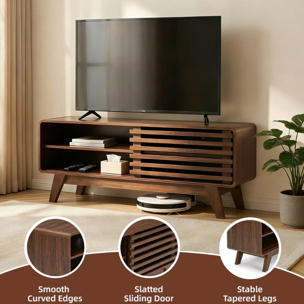 English Elm Tv Stand with Louvered Sliding Doors Tapered Legs Walnut Media Console W3204P465917
