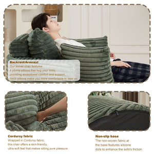 English Elm 50"l Corduroy Oversized Sleeper Chair with Neck Pillow Support for Lounge or Bedroom Green W834P405866