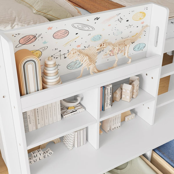 English Elm Twin Xl Low Loft Bed with Curtain Hideaway Chalkboard and Built-in Storage Shelves W1580S00399