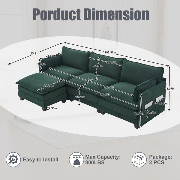 English Elm United We Win Modular Corduroy Sectional with Ottoman Low Profile Living Room Couch Emerald W1568S00257