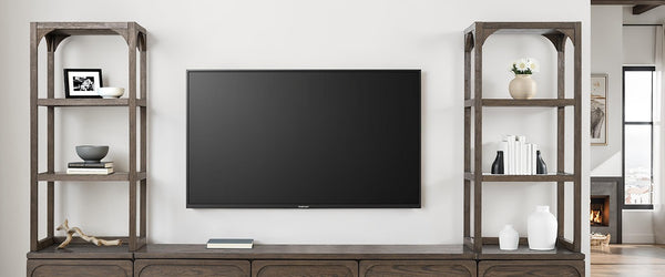 English Elm Transitional Vellara Entertainment Center Dark Walnut Finish 118"W x 78"H Recessed Panels, Gold Handles B2741S00692