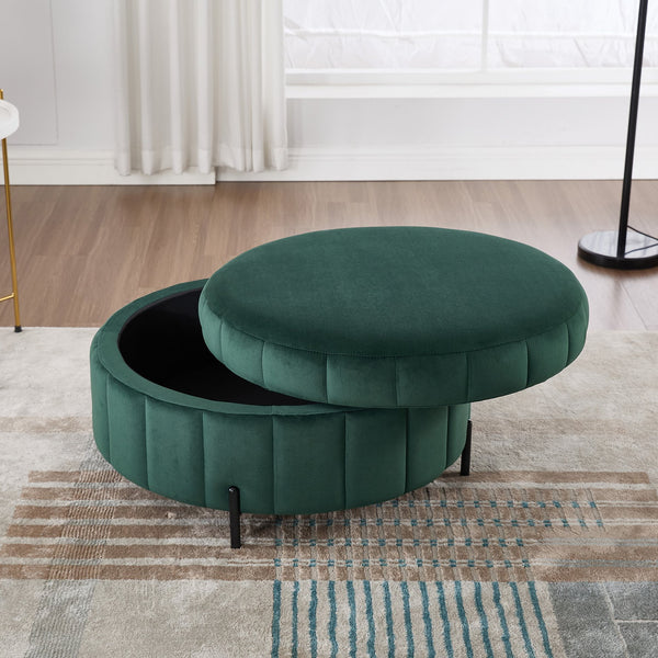 English Elm 31.5"W Velvet Storage Ottoman with Reversible Lid, Channel-Tufted Pumpkin Shape, Solid Wood Frame, 275 lb Capacity, Stylish Living Room Accent Green W3118P272636