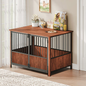 English Elm 43'' Walnut Fluted Wood Dog Crate Doubles as End Table for Medium and Large Pets W1820P336034