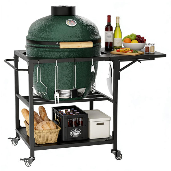 English Elm Outdoor Kamado Grill Cart with Folding Prep Surface Hooks Wheels and Storage Shelf W3190P416753
