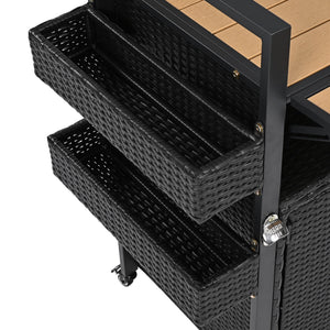 English Elm K&K Wicker Outdoor Grill Cart with Foldable Drop Leaf, Locking Wheels, Wine Rack & Ample Storage Black Brown N707P233747B