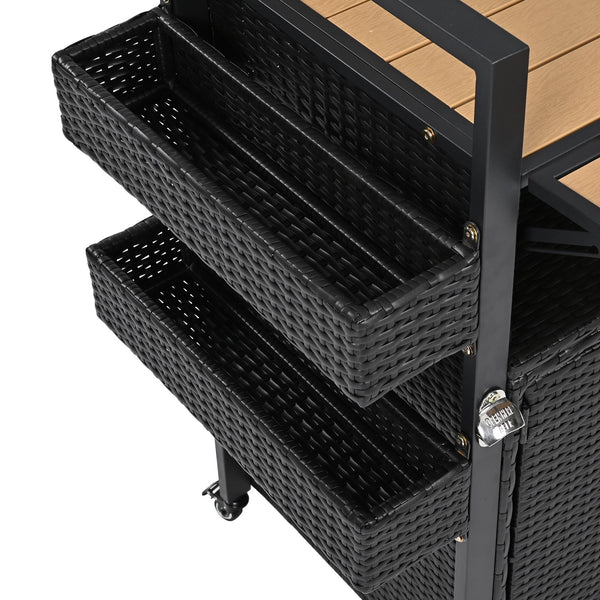 English Elm K&K Wicker Outdoor Grill Cart with Foldable Drop Leaf, Locking Wheels, Wine Rack & Ample Storage Black Brown N707P233747B