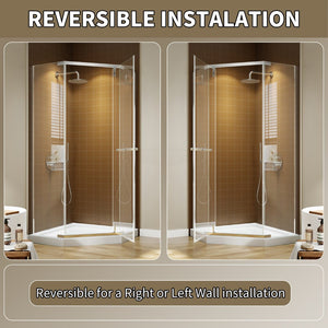 English Elm Corner Frameless Neo-angle Pivot Shower Enclosure with Tempered Glass and Sleek Hardware Chrome W637P348803