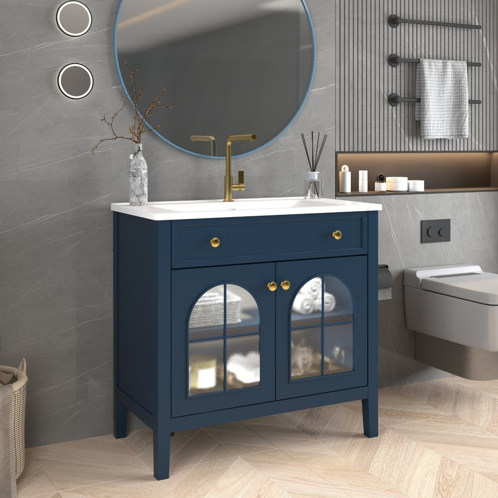 English Elm 35.6" Freestanding Bathroom Vanity with Roman Column Base and Ceramic Integrated Sink Blue W1801S00013