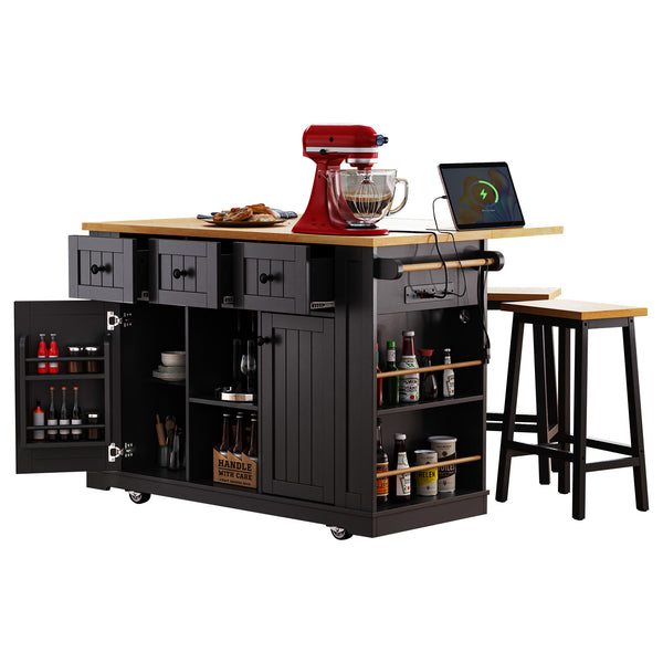 English Elm K&K 53" Large Kitchen Island with 2 Stools, Built-In Power Station, Wheels, Drop Leaf & Ample Storage Black N707S000007B