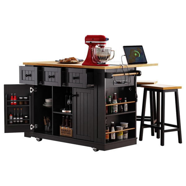 English Elm K&k 53 Inch Kitchen Island Set with Bar Stools Power Outlet Drop Leaf and Storage Black N707S003007B