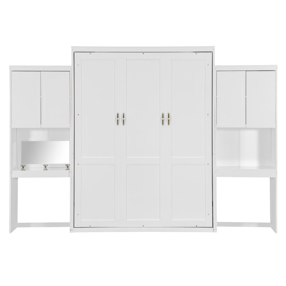 English Elm Queen Size Murphy Bed With Integrated Desk, Vanity & Storage - Stylish Space Saver For Small Living N820S00057K-GIGA