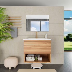 English Elm 24 Inch Floating Bathroom Vanity Fluted Walnut Cabinet with Ceramic Sink Modern W3520S00041
