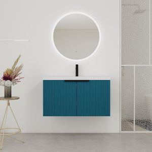 English Elm 36" Floating Bathroom Vanity with Resin Sink, Wavy Doors, Soft-Close Hinges & Durable Plywood Finish Lake Blue W999P251809