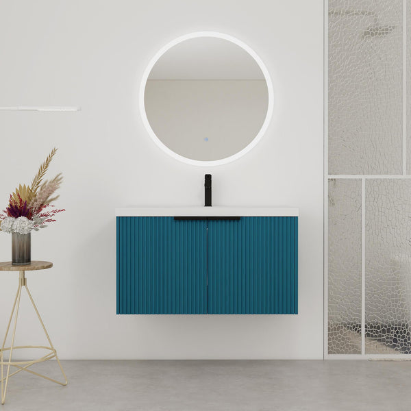 English Elm 36" Floating Bathroom Vanity with Resin Sink, Wavy Doors, Soft-Close Hinges & Durable Plywood Finish Lake Blue W999P251809