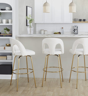 English Elm Fixed-height Swivel Barstools with Gold Footrest Black Frame White Upholstery Set B202S01871