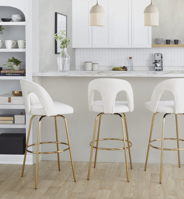 English Elm Fixed-height Swivel Barstools with Gold Footrest Black Frame White Upholstery Set B202S01871