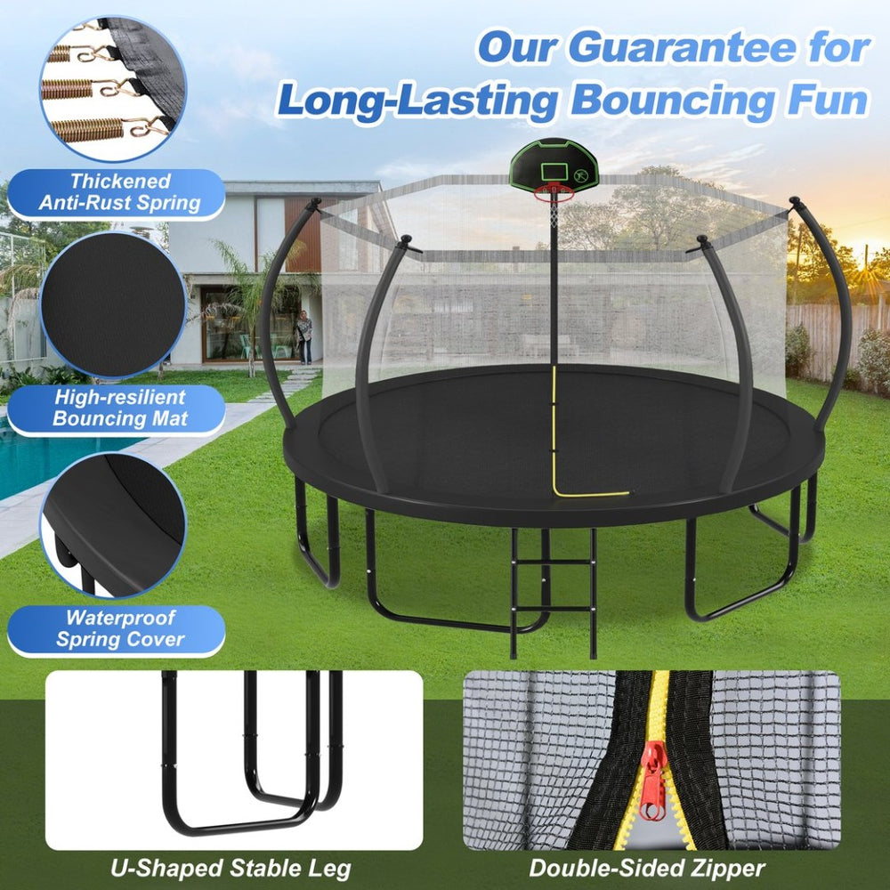 English Elm 12ft Round Outdoor Trampoline Galvanized Steel Frame Safety Net Basketball Hoop N739P283173B