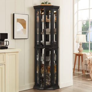 English Elm Lighted Corner Curio Cabinet - Elegant Display With Adjustable Shelves & Ambient Lighting - Black W1758P300129