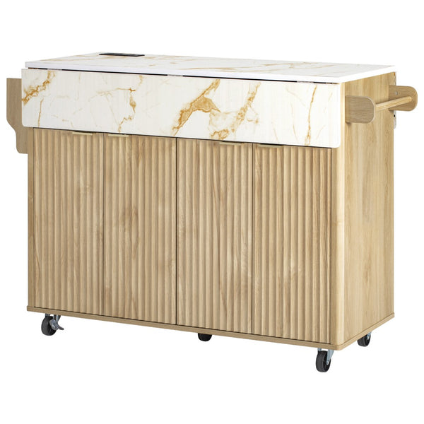 English Elm K&k Fluted Rolling Kitchen Island Faux Marble Top Power Outlet Storage Drawers Natural N707P353934Y