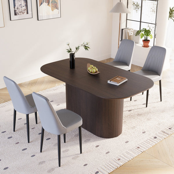 English Elm 63" Medieval-Modern Brown Mdf Dining Table & 4 Ergonomic Pu Chairs Set For Stylish Home & Kitchen W2189S00698