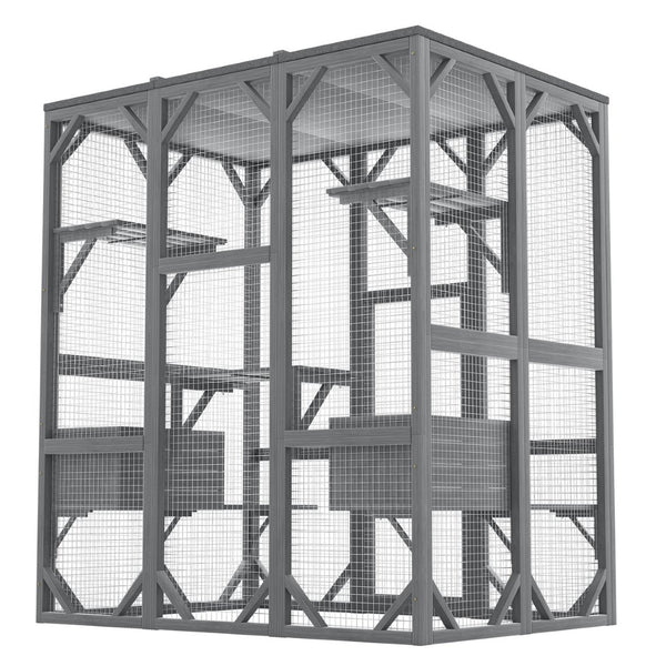 English Elm Outdoor Fir Wood Cat Enclosure Three Tier Six Platform Habitat with Waterproof Roof W1598P390796