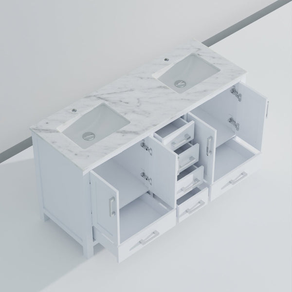 English Elm White Double Bath Vanity With Carrara Marble Top - 60" W X 22" D, Elegant Storage & Soft-Close Drawers B2731P258870-GIGA