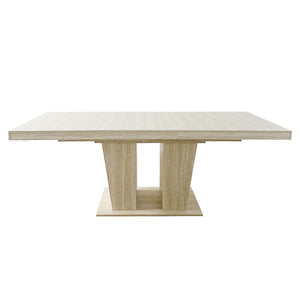 English Elm Rectangular extendable dining table with veined travertine top, beige MDF, sturdy wide feet, 6-10 seats W1347S00018