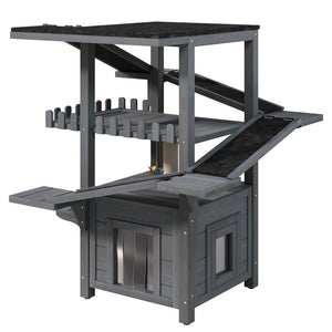 English Elm 4 Tier Outdoor Pine Cat Tower with Waterproof Roof Enclosed Den and Balcony Perch Grey N704P436318E