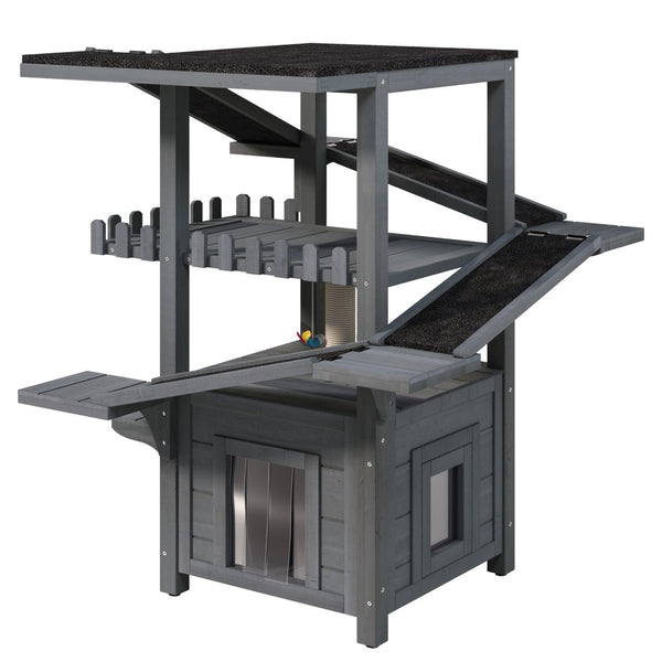 English Elm 4 Tier Outdoor Pine Cat Tower with Waterproof Roof Enclosed Den and Balcony Perch Grey N704P436318E