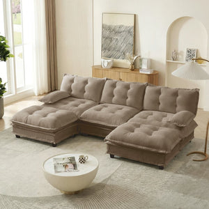 English Elm 107" U Shaped Chenille Sectional Cloud Sofa with Ottomans Deep Seat Modular Living Room Light Coffee W714S01709